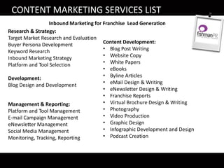 CONTENT MARKETING SERVICES LIST
Research & Strategy:
Target Market Research and Evaluation
Buyer Persona Development
Keyword Research
Inbound Marketing Strategy
Platform and Tool Selection
Development:
Blog Design and Development
Inbound Marketing for Franchise Lead Generation
Content Development:
• Blog Post Writing
• Website Copy
• White Papers
• eBooks
• Byline Articles
• eMail Design & Writing
• eNewsletter Design & Writing
• Franchise Reports
• Virtual Brochure Design & Writing
• Photography
• Video Production
• Graphic Design
• Infographic Development and Design
• Podcast Creation
Management & Reporting:
Platform and Tool Management
E-mail Campaign Management
eNewsletter Management
Social Media Management
Monitoring, Tracking, Reporting
 