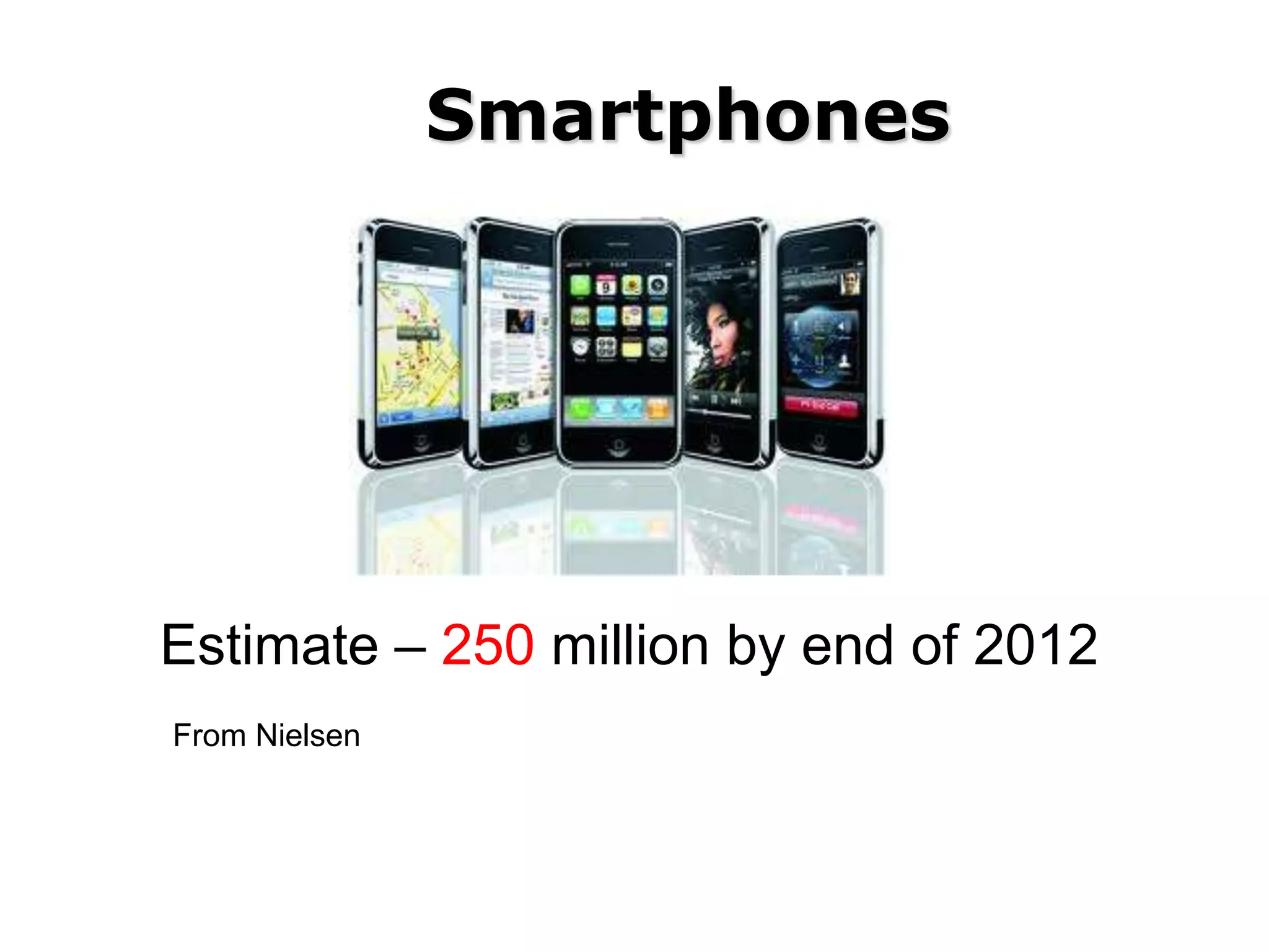 Smartphones




Estimate – 250 million by end of 2012
From Nielsen
 