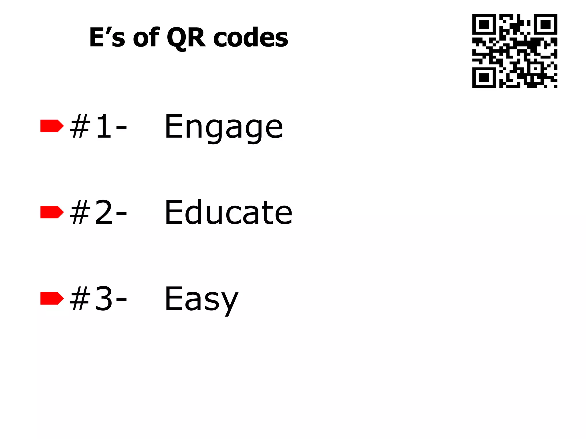 E’s of QR codes


#1-   Engage

#2-   Educate

#3-   Easy
 