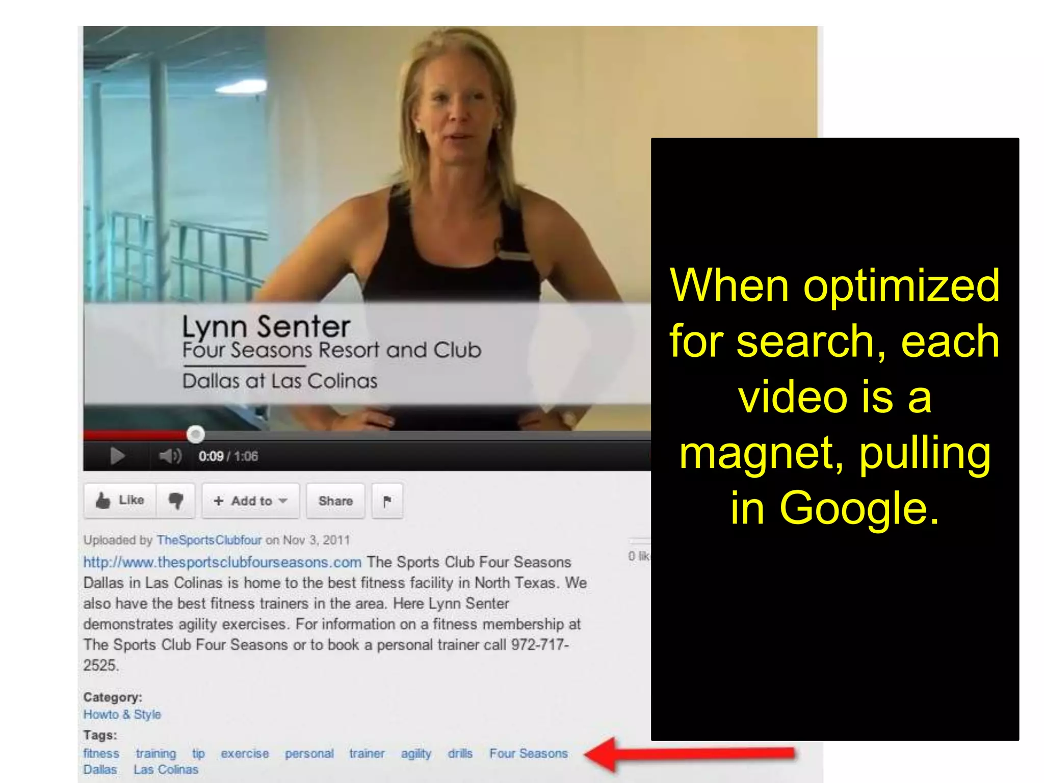 When optimized
for search, each
     video is a
 magnet, pulling
    in Google.
 