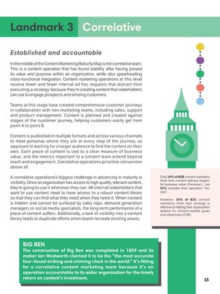 Established and accountable		
			
InthemiddleoftheContentMarketingMaturityMapisthecorrelativeteam.
This is a content operation that has found stability after having proved
its value and purpose within an organization, while also spearheading
cross-functional integration. Content marketing operations at this level
receive fewer and fewer internal ad hoc requests that distract from
executing a strategy because they’re creating content that stakeholders
can use to engage prospects and existing customers.
Teams at this stage have created comprehensive customer journeys
in collaboration with non-marketing teams, including sales, support
and product management. Content is planned and created against
stages of the customer journey, helping customers easily get from
point A to point B.
Content is published in multiple formats and across various channels
to meet personas where they are at every step of the journey, as
opposed to waiting for a target audience to find the content on their
own. Each piece of content is tied to a clear measure of business
value, and the metrics important to a content team extend beyond
reach and engagement. Correlative operations prioritize conversion
above all.
A correlative operations’s biggest challenge in advancing in maturity is
visibility. Once an organization has access to high quality, relevant content,
they’re going to use it whenever they can. All internal stakeholders that
want to use content need to have access to a robust content library
so that they can find what they need when they need it. When content
is hidden and cannot be surfaced by sales reps, demand generation
managers or social media specialists, the long-term performance of a
piece of content suffers. Additionally, a lack of visibility into a content
library leads to duplicate efforts when teams recreate existing assets.
Landmark 3 Correlative
15
BIG BEN
The construction of Big Ben was completed in 1859 and its
maker Ian Westworth claimed it to be the “the most accurate
four-faced striking and chiming clock in the world.” It’s fitting
for a correlative content marketing team because it’s an
operation accountable to its wider organization for the timely
return on content’s investment.
Only 14% of B2B content marketers
think their content delivers impact-
ful business value (Forrester)... but
51% consider their operation “ma-
ture”.
However, 35% of B2C content
marketers think their strategy is
effective at helping their organization
achieve its content-related goals
and objectives (CMI).
 