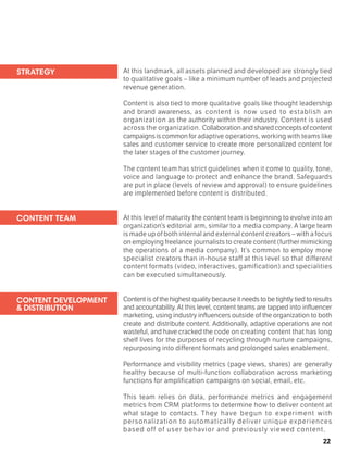 22
At this landmark, all assets planned and developed are strongly tied
to qualitative goals – like a minimum number of leads and projected
revenue generation.
Content is also tied to more qualitative goals like thought leadership
and brand awareness, as content is now used to establish an
organization as the authority within their industry. Content is used
across the organization. Collaboration and shared concepts of content
campaigns is common for adaptive operations, working with teams like
sales and customer service to create more personalized content for
the later stages of the customer journey.
The content team has strict guidelines when it come to quality, tone,
voice and language to protect and enhance the brand. Safeguards
are put in place (levels of review and approval) to ensure guidelines
are implemented before content is distributed.
At this level of maturity the content team is beginning to evolve into an
organization’s editorial arm, similar to a media company. A large team
is made up of both internal and external content creators – with a focus
on employing freelance journalists to create content (further mimicking
the operations of a media company). It’s common to employ more
specialist creators than in-house staff at this level so that different
content formats (video, interactives, gamification) and specialities
can be executed simultaneously.
Content is of the highest quality because it needs to be tightly tied to results
and accountability. At this level, content teams are tapped into influencer
marketing, using industry influencers outside of the organization to both
create and distribute content. Additionally, adaptive operations are not
wasteful, and have cracked the code on creating content that has long
shelf lives for the purposes of recycling through nurture campaigns,
repurposing into different formats and prolonged sales enablement.
Performance and visibility metrics (page views, shares) are generally
healthy because of multi-function collaboration across marketing
functions for amplification campaigns on social, email, etc.
This team relies on data, performance metrics and engagement
metrics from CRM platforms to determine how to deliver content at
what stage to contacts. They have begun to experiment with
personalization to automatically deliver unique experiences
based off of user behavior and previously viewed content.
STRATEGY
CONTENT TEAM
CONTENT DEVELOPMENT
& DISTRIBUTION
 