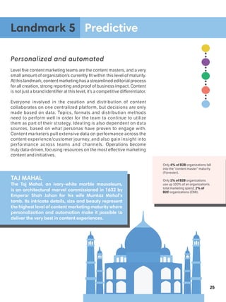 Landmark 5
Personalized and automated
Level five content marketing teams are the content masters, and a very
small amount of organization’s currently fit within this level of maturity.
At this landmark, content marketing has a streamlined editorial process
for all creation, strong reporting and proof of business impact. Content
is not just a brand identifier at this level, it’s a competitive differentiator.
Everyone involved in the creation and distribution of content
collaborates on one centralized platform, but decisions are only
made based on data. Topics, formats and distribution methods
need to perform well in order for the team to continue to utilize
them as part of their strategy. Ideating is also dependent on data
sources, based on what personas have proven to engage with.
Content marketers pull extensive data on performance across the
content experience/customer journey, and also gain insight into
performance across teams and channels. Operations become
truly data-driven, focusing resources on the most effective marketing
content and initiatives.
Predictive
25
TAJ MAHAL
The Taj Mahal, an ivory-white marble mausoleum,
is an architectural marvel commissioned in 1632 by
Emperor Shah Jahan for his wife Mumtaz Mahal’s
tomb. Its intricate details, size and beauty represent
the highest level of content marketing maturity where
personalization and automation make it possible to
deliver the very best in content experiences.
Only 4% of B2B organizations fall
into the “content master” maturity
(Forrester).
Only 1% of B2B organizations
use up 100% of an organization’s
total marketing spend, 2% of
B2C organizations (CMI).
 