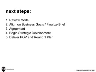next steps:
1. Review Model
2. Align on Business Goals / Finalize Brief
3. Agreement
4. Begin Strategic Development
5. Deliver POV and Round 1 Plan
 