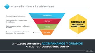 2 ¿Cómo influimos en el funnel de compra? 
AWARENESS 
INTEREST 
DESIRE 
ACTION 
A TRAVÉS DE CONTENIDOS ACOMPAÑAMOS Y GUIAMOS 
AL CLIENTE EN SU DECISIÓN DE COMPRA 
CONTENIDOS 
VALIOSOS Y 
OPORTUNOS 
Atraen y captan la atención 
Generan interés y promueven 
la confianza 
Generan expectativas y refuerzan 
el deseo 
Convencen y facilitan la toma de 
decisiones y la conversión 
 