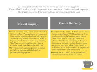 Content kampanja
•Postoji nekoliko kampanja koje ćete lansirati
tijekom godine. Prema danom primjeru, ove
će se godine objaviti nekoliko whitepapersa
(edukativno-promotivnih brošura). Kako bi
ih promovirali, kreirati ćemo blog postove,
SlideShare-ove, infografike, intervjue sa
stručnjacima te nekoliko video sadržaja.
•Navedeni oblici sadržaja pomoći će nam u
privlačenju pozornosti i čitatelja te u
promociji whitepapersa.
Važno je imati timeline ili rokove za vaš content marketing plan!
Prema SWOT analizi, akcijskom planu i brainstormingu, postaviti ćemo kampanju
i distribuciju sadržaja. Provjerite primjer timelinea i napravite svoj.
Content distribucija
•Postoji nekoliko načina distribucije sadržaja.
Prema postavljenoj SWOT analizi ove će se
godine testirati plaćena kampanja putem
društvenih mreža. Najprije će se vršiti
plaćena distribucija postojećeg sadržaja, a
zatim će se koristiti i za distribuciju novog
kreiranog sadržaja. I dalje će se ulagati u
AdWords, ali će se fokusirati i na organskom
rastu prometa na web stranicama.
•Koristiti će se i video clipovi za dodatnu
distribuciju sadržaja kroz sve kanale.
 
