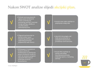 Nakon SWOT analize slijedi akcijski plan.
• Početak testiranja plaćenih
oglasa putem društvenih
mreža za distribuciju
postojećeg sadržaja i kreiranje
novog sadržaja, ukoliko se
rezultati pokažu
zadovoljavajućima.
√
• Osigurati partnere koji će
kreirati centar izvora
besplatnog sadržaja radi
organskog povećanja
posjećenosti web stranici.
√
• Whitepapers ili edukativne
brošure učiniti još
kvalitetnijima za distribuciju
putem društvenih mreža na
način da razvijemo program
utjecajnih lidera koji će
pridonijeti stručnim
komentarima.
√
• Kreirati nove video sadržaje za
pojašnjenje našeg rada.√
• Iskoristiti tehnologiju radi
bolje personalizacije sa
postojećim korisnicima i
privlačenje novih korisnika.
√
• Kreirati ROI izvještaje za
sadržaj radi boljeg
razumijevanja povratka
uloženog napora u marketing
sadržaja.
√
Izvor: HubSpot
 