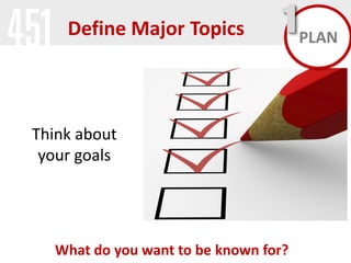 Define Major Topics

1 PLAN

Think about
your goals

What do you want to be known for?

 