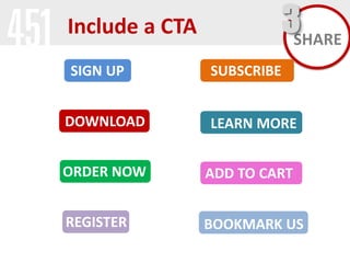 3SHARE

Include a CTA
SIGN UP

SUBSCRIBE

DOWNLOAD

LEARN MORE

ORDER NOW

ADD TO CART

REGISTER

BOOKMARK US

 