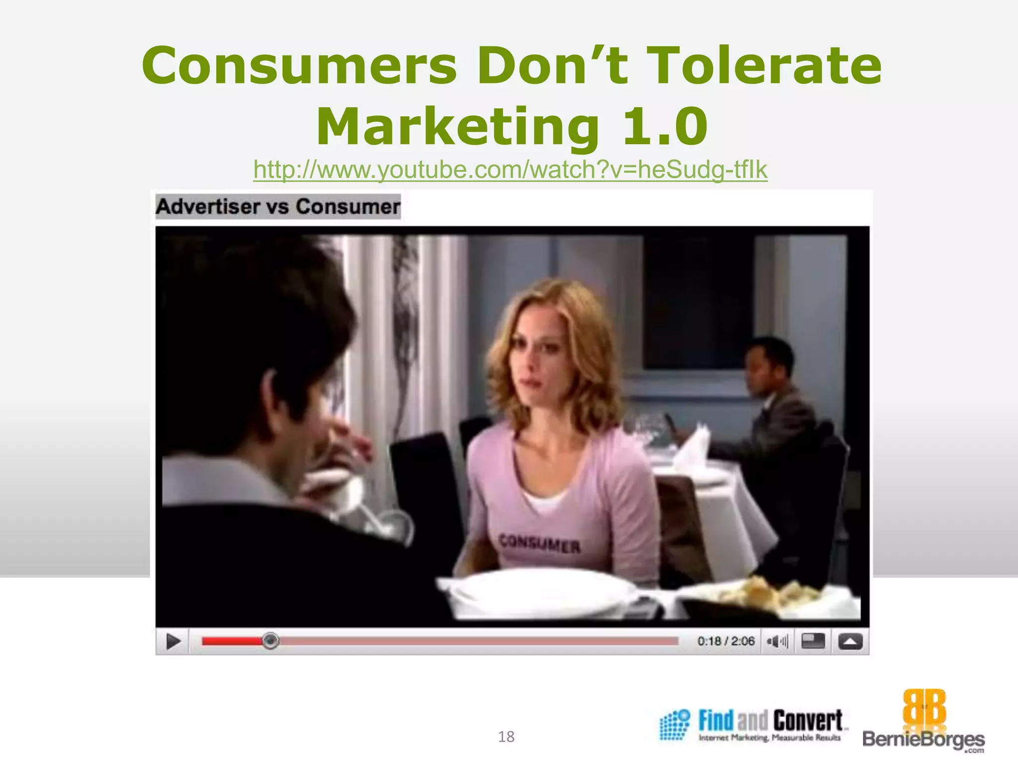 Consumers Don’t Tolerate Marketing 1.0http://www.youtube.com/watch?v=heSudg-tfIk18