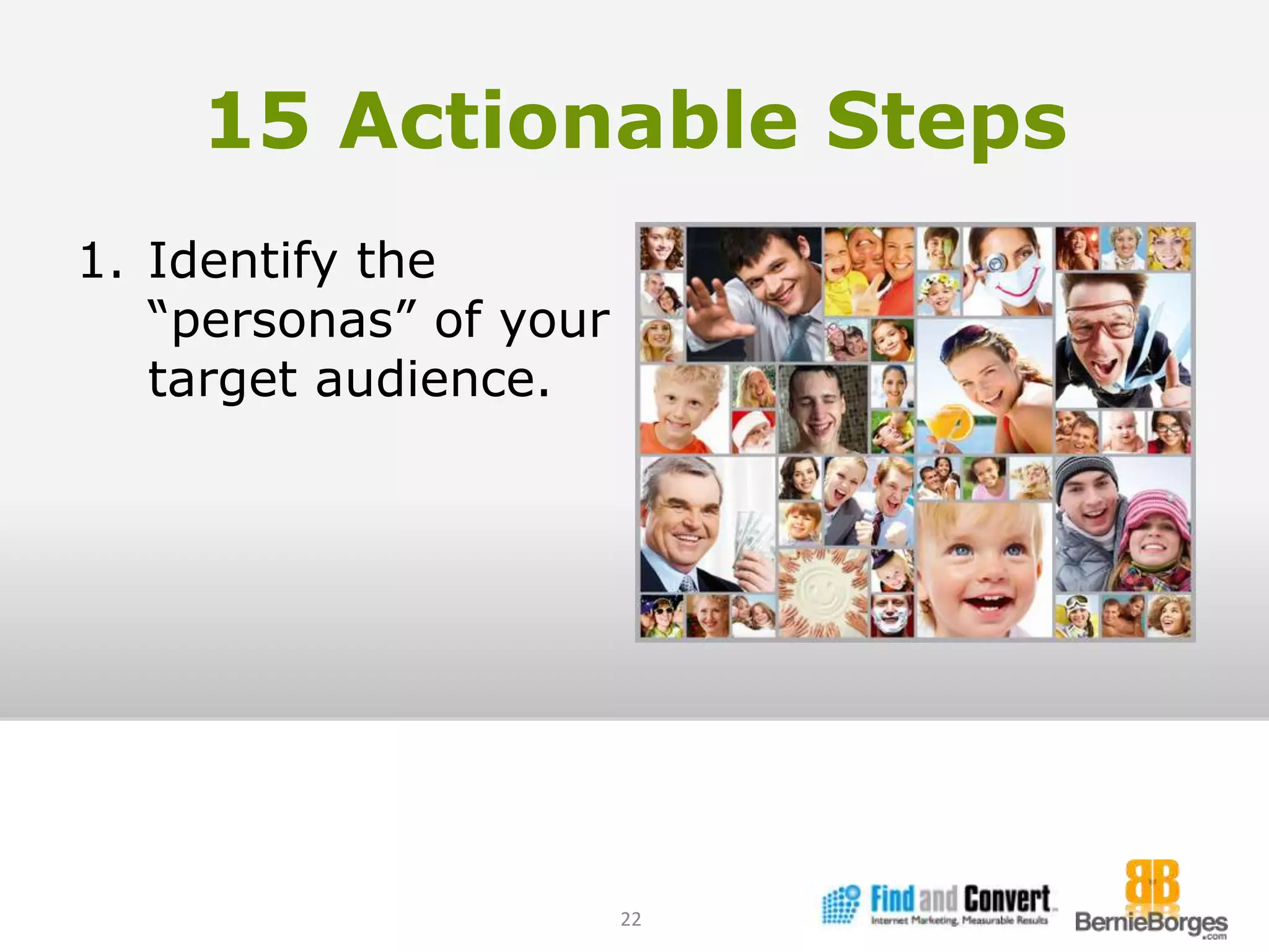 15 Actionable StepsIdentify the “personas” of your target audience.22
