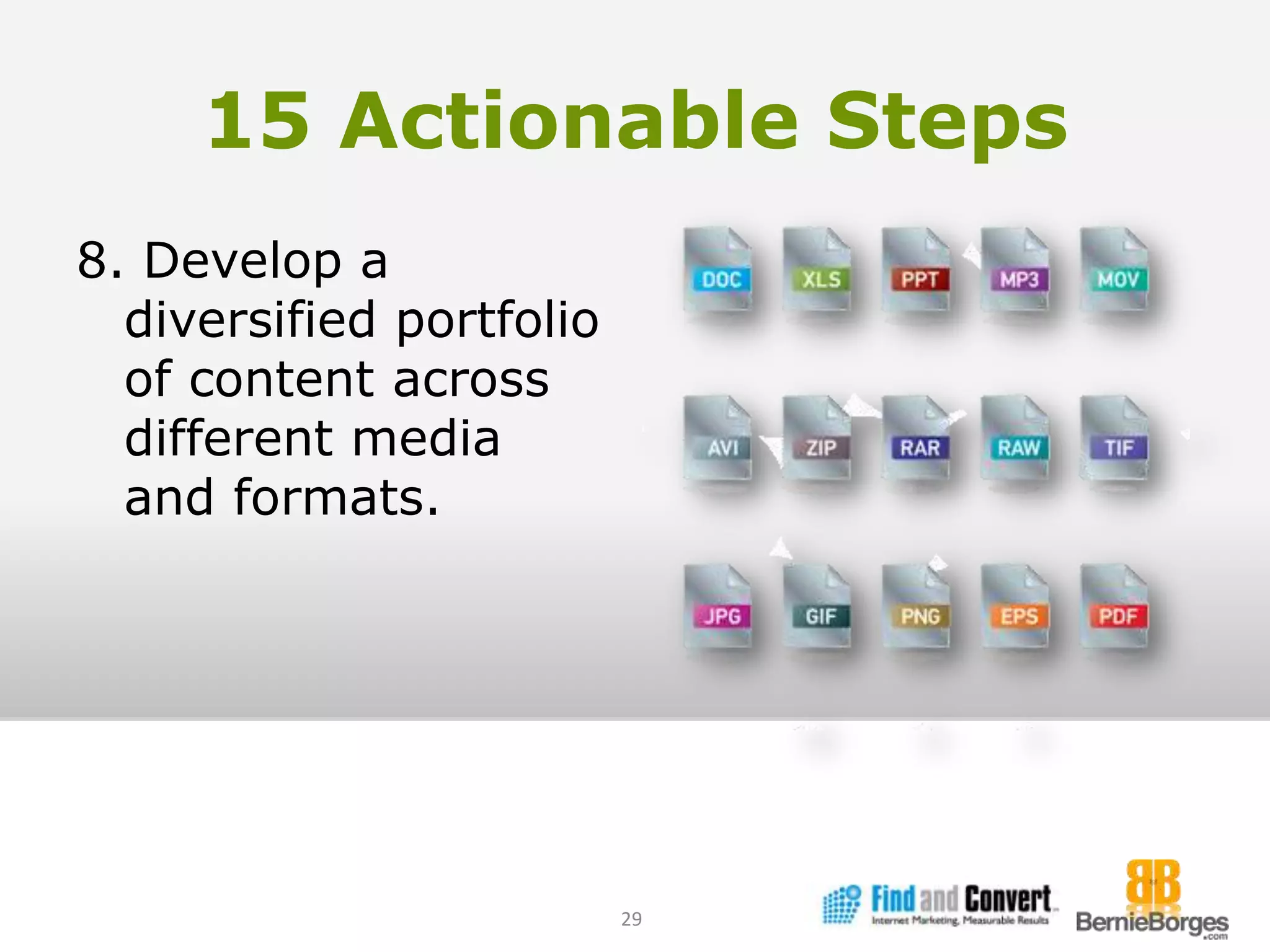 15 Actionable Steps8. Develop a diversified portfolio of content across different media and formats.29