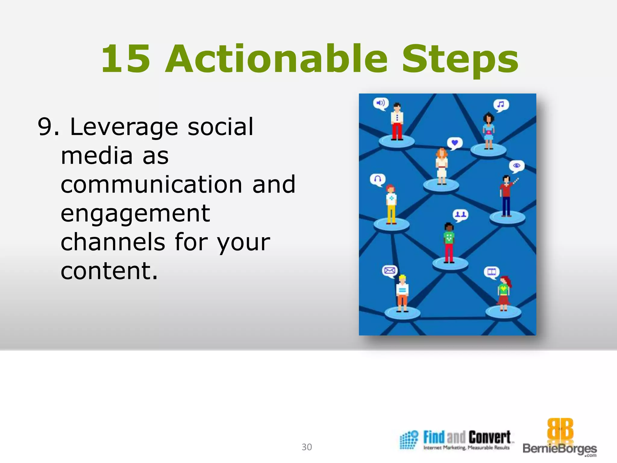 15 Actionable Steps9. Leverage social media as communication and engagement channels for your content.30