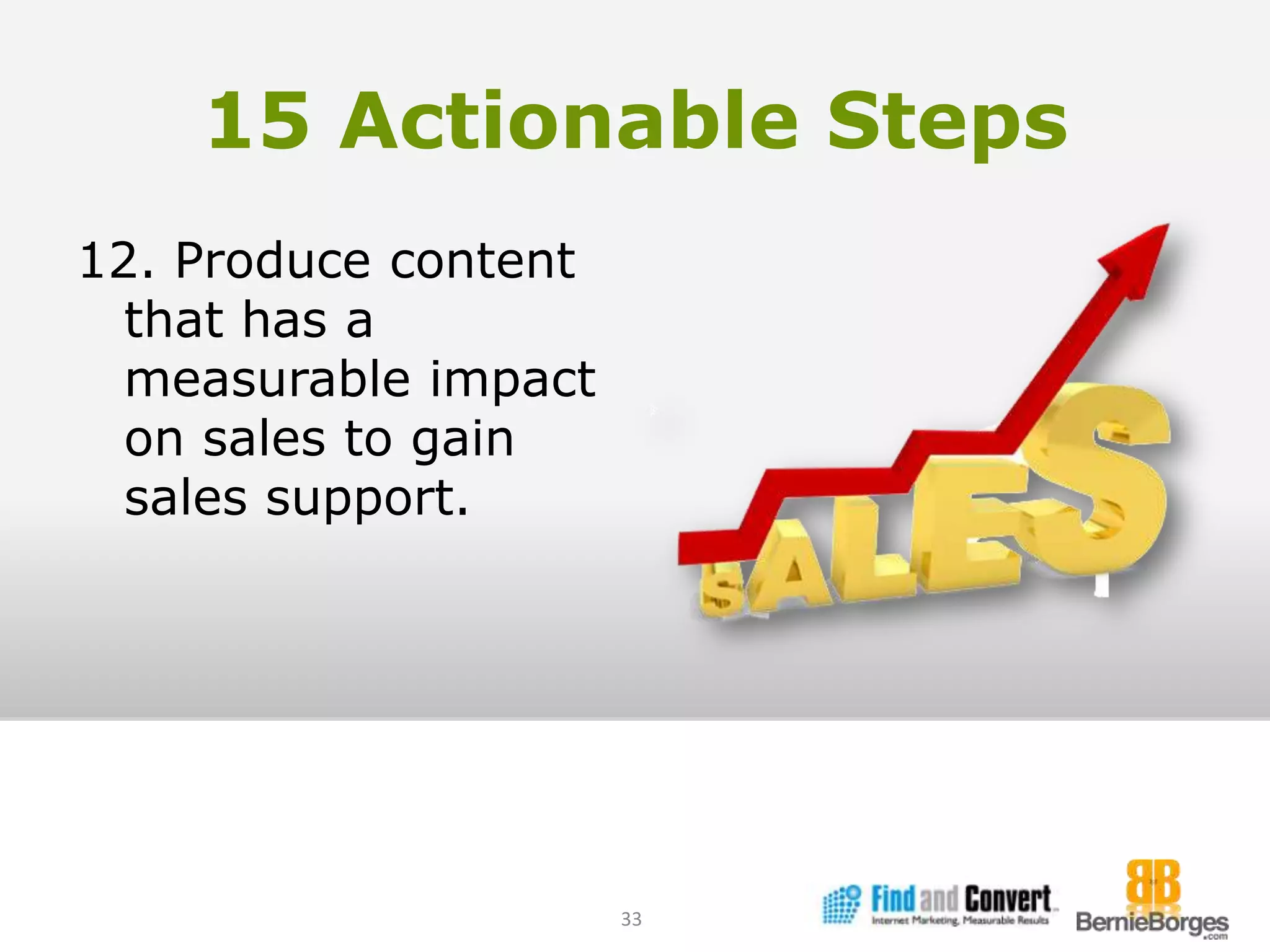 15 Actionable Steps12. Produce content that has a measurable impact on sales to gain sales support.33