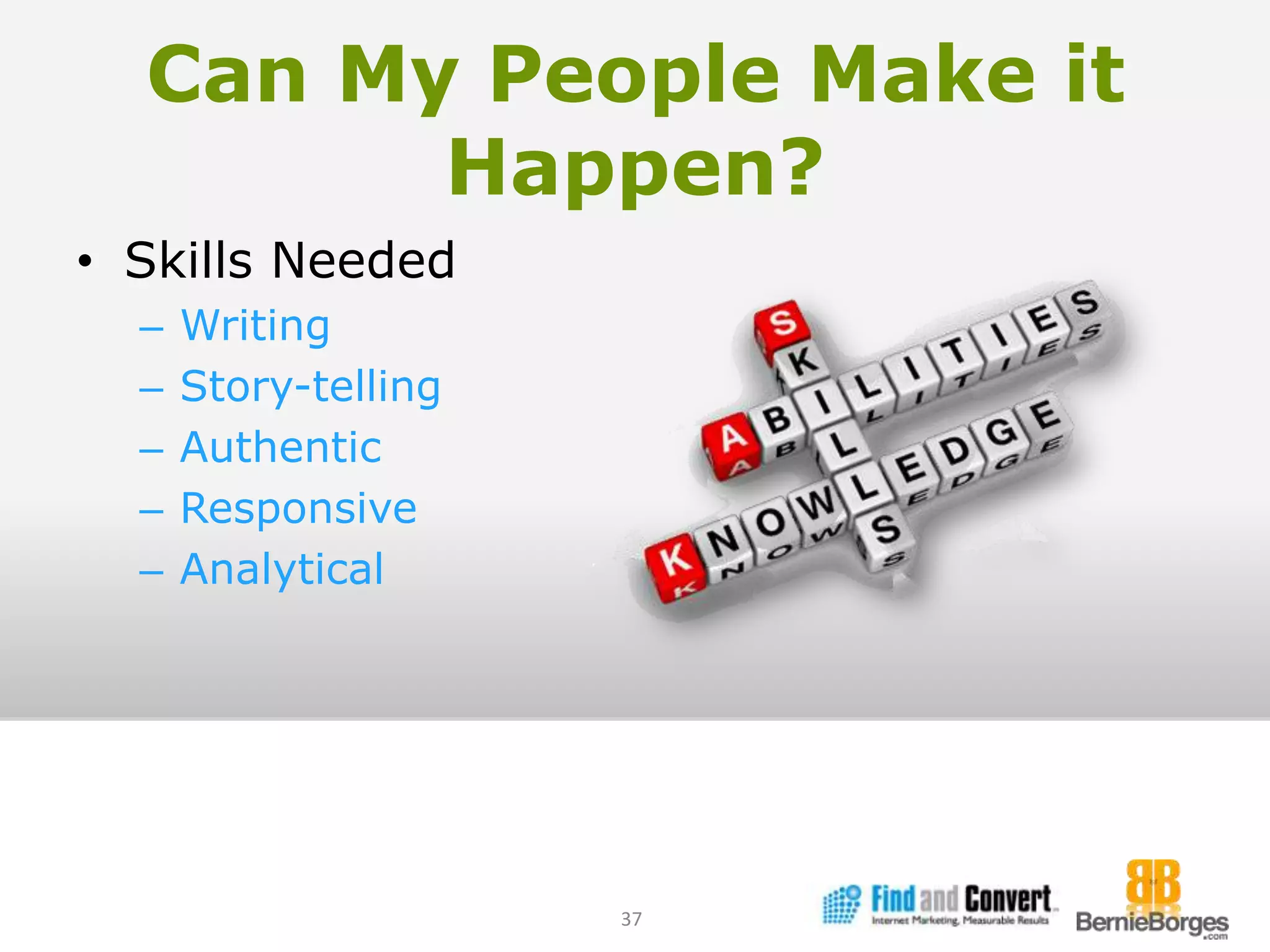 Can My People Make it Happen?Skills NeededWritingStory-tellingAuthenticResponsiveAnalytical37