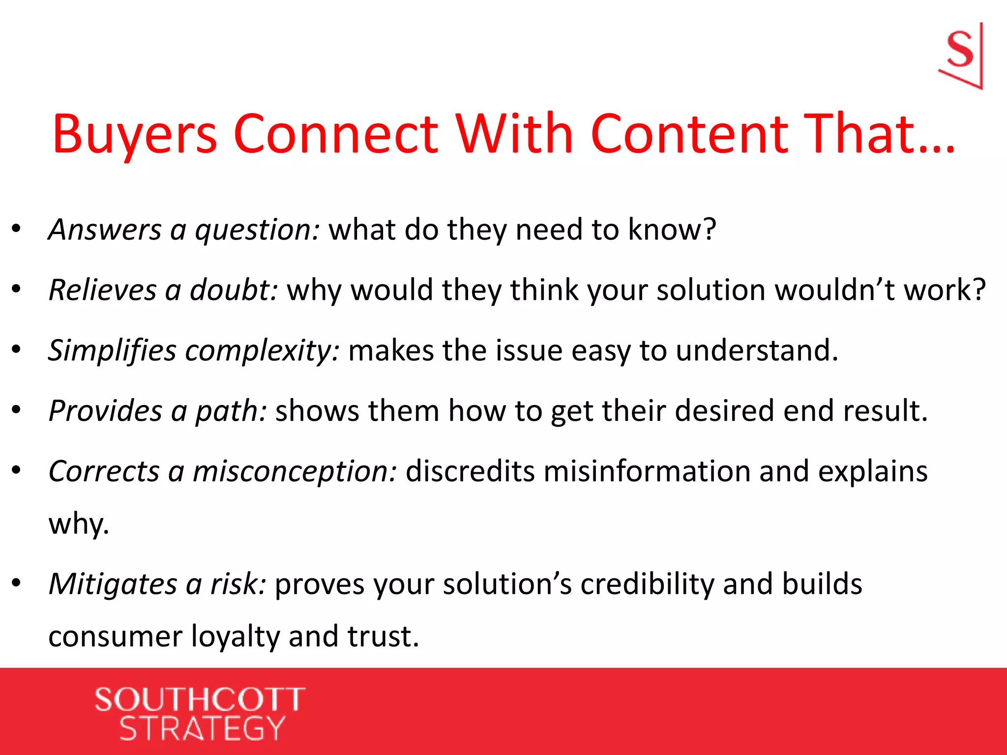 Buyers Connect With Content That…
• Answers a question: what do they need to know?
• Relieves a doubt: why would they think your solution wouldn’t work?
• Simplifies complexity: makes the issue easy to understand.
• Provides a path: shows them how to get their desired end result.
• Corrects a misconception: discredits misinformation and explains
why.
• Mitigates a risk: proves your solution’s credibility and builds
consumer loyalty and trust.
 