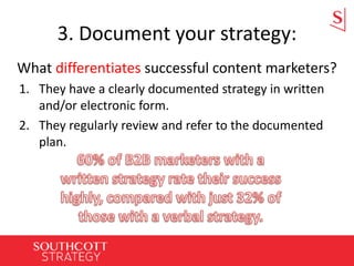 3. Document your strategy:
What differentiates successful content marketers?
1. They have a clearly documented strategy in written
and/or electronic form.
2. They regularly review and refer to the documented
plan.
 