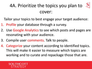 4A. Prioritize the topics you plan to
cover:
Tailor your topics to best engage your target audience:
1. Profile your database through a survey.
2. Use Google Analytics to see which posts and pages are
resonating with your audience.
3. Compile user comments. Talk to people.
4. Categorize your content according to identified topics.
This will make it easier to measure which topics are
working and to curate and repackage those that are.
 