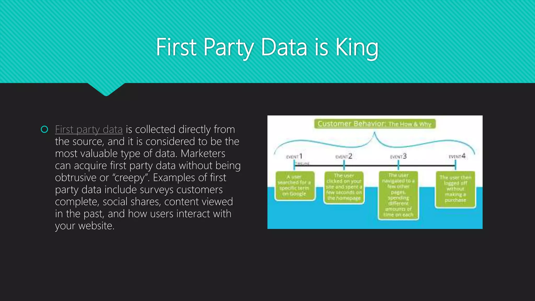 First Party Data is King
 First party data is collected directly from
the source, and it is considered to be the
most valuable type of data. Marketers
can acquire first party data without being
obtrusive or “creepy”. Examples of first
party data include surveys customers
complete, social shares, content viewed
in the past, and how users interact with
your website.
 
