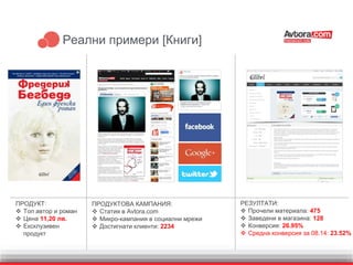 Реални примери [Книги]
Място за
допълнителн
а реклама за
промоция на
услуга или
продукт
ПРОДУКТ:
 Топ автор и роман
 Цена 11,20 лв.
 Ексклузивен
продукт
ПРОДУКТОВА КАМПАНИЯ:
 Статия в Avtora.com
 Микро-кампания в социални мрежи
 Достигнати клиенти: 2234
РЕЗУЛТАТИ:
 Прочели материала: 475
 Заведени в магазина: 128
 Конверсия: 26.95%
 Средна конверсия за 08.14: 23.52%
 
