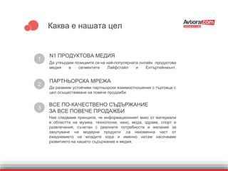 Каква е нашата цел
N1 ПРОДУКТОВА МЕДИЯ
ВСЕ ПО-КАЧЕСТВЕНО СЪДЪРЖАНИЕ
ЗА ВСЕ ПОВЕЧЕ ПРОДАЖБИ
Ние следваме принципа, че информационният микс от материали
в областта на музика, технологии, кино, мода, здраве, спорт и
развлечения, съчетан с реалните потребности и желание за
закупуване на модерни продукти ,са неизменна част от
ежедневието на младите хора и именно натам насочваме
развитието на нашето съдържание и медия.
Да утвърдим позициите си на най-популярната онлайн продуктова
медия в сегментите Лайфстайл и Ентъртейнмънт.
ПАРТНЬОРСКА МРЕЖА
Да развием устойчиви партньорски взаимоотношения с търговци с
цел осъществяване на повече продажби
1
2
3
 