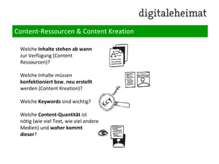 Content-Ressourcen & Content Kreation
Wie starte ich ein Content Marketing Projekt?
1.Arbeitstitel, Beschreibung des Vorhabens & Mission Statement
2.Audience / Zielgruppen
3.Projektziele
4.Messung
5.Zeitplan
6.Content-Ressourcen & Content Kreation
7.Distributionskanäle
8.Team
9. Kommunikation & Interaktion
10. Budget
 
