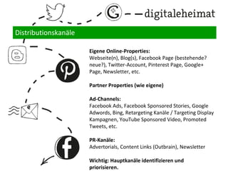 Distributionskanäle
Wie starte ich ein Content Marketing Projekt?
1.Arbeitstitel, Beschreibung des Vorhabens & Mission Statement
2.Audience / Zielgruppen
3.Projektziele
4.Messung
5.Zeitplan
6.Content-Ressourcen & Content Kreation
7.Distributionskanäle
8.Team
9. Kommunikation & Interaktion
10. Budget
 