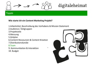 Distributionskanäle
ToDo:
Im Anschluß an eine Auflistung der Inhalte und
Kanäle kann ein erster grober Redaktionsplan erstellt
werden, der alle Inhalte und Kanäle überblickt.
Wichtig: Content Konfektionierung ist wichtig, damit
er in dem Kanal funktioniert.
Bsp. auf twitter.com müssen völlig andere Titel
gewählt werden, als bei facebook, wo ein
Vorschaubild integriert werden kann
 