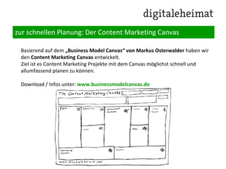 Budget
Internes (Zeit)-Budget:
•Wie viel Zeit muss pro Projektrolle/-Mitarbeiter kalkulieren für Umsetzung /
Meetings / Freigaben, Support, etc.?
Externes Budget
•Was kostet die Erstellung der Inhalte?
•Was kostet die Bewerbung dieser in welcher Projektphase (Advertorials,
Presseversand, Anzeigenschaltung, etc.)
•Welche Kosten fallen für die Infrastruktur (Webseite/App/etc.) an?
•Welche Lizenzen müssen erworben werden (einmalig, wiederkehrend)?
•Welche Tools benötige ich (z.B. Distribution: Buffer/Hootsuite, Monitoring Tools:
Mention / Adobe, SumAll, CRM Tools, etc.
 