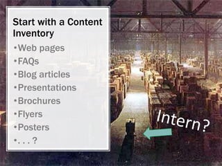 Start with a Content
Inventory
•Web pages
•FAQs
•Blog articles
•Presentations
•Brochures
•Flyers
•Posters
•. . . ?
 