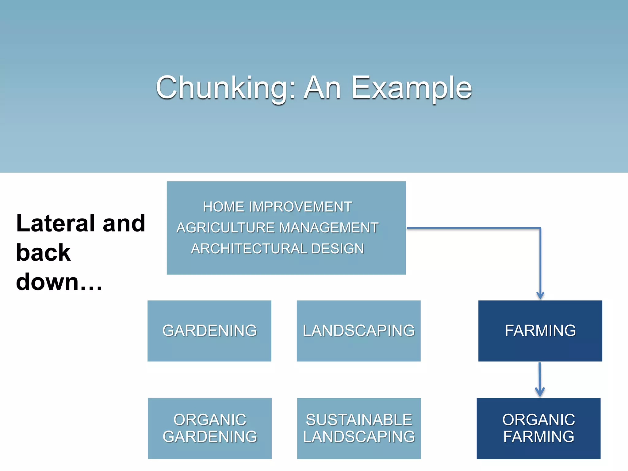 Chunking: An Example
GARDENING LANDSCAPING
Lateral and
back
down…
HOME IMPROVEMENT
AGRICULTURE MANAGEMENT
ARCHITECTURAL DESIGN
ORGANIC
GARDENING
SUSTAINABLE
LANDSCAPING
FARMING
ORGANIC
FARMING
 