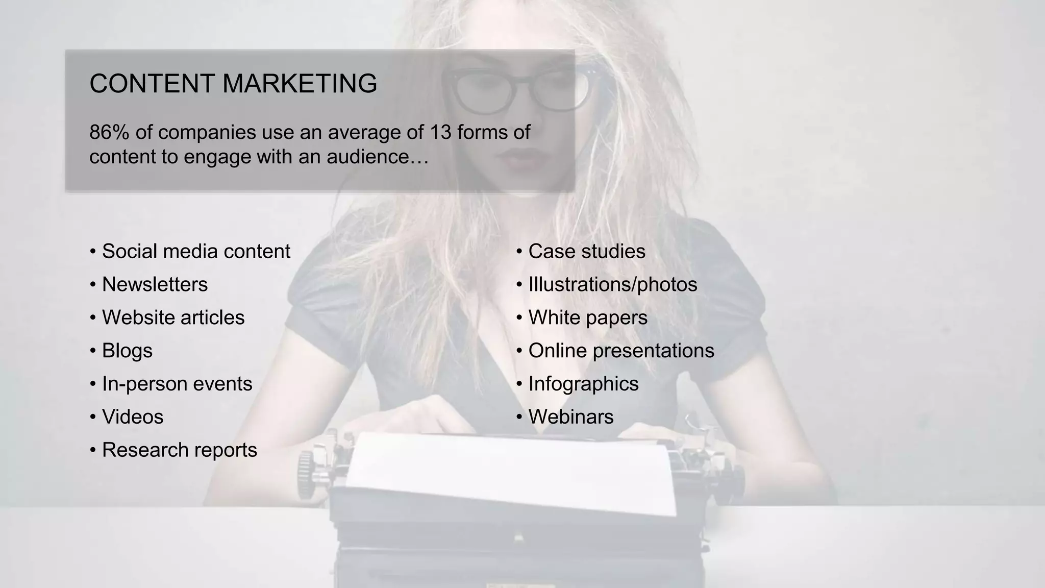 CONTENT MARKETING
86% of companies use an average of 13 forms of
content to engage with an audience…
• Social media content
• Newsletters
• Website articles
• Blogs
• In-person events
• Videos
• Research reports
• Case studies
• Illustrations/photos
• White papers
• Online presentations
• Infographics
• Webinars
 