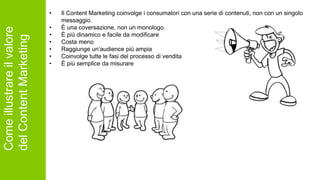 Comeillustrareilvalore
delContentMarketing
• Il Content Marketing coinvolge i consumatori con una serie di contenuti, non con un singolo
messaggio.
• È una coversazione, non un monologo.
• È più dinamico e facile da modificare
• Costa meno
• Raggiunge un’audience più ampia
• Coinvolge tutte le fasi del processo di vendita
• È più semplice da misurare
 
