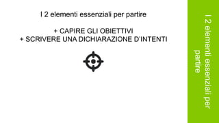 I2elementiessenzialiper
partire
I 2 elementi essenziali per partire
+ CAPIRE GLI OBIETTIVI
+ SCRIVERE UNA DICHIARAZIONE D’INTENTI
 