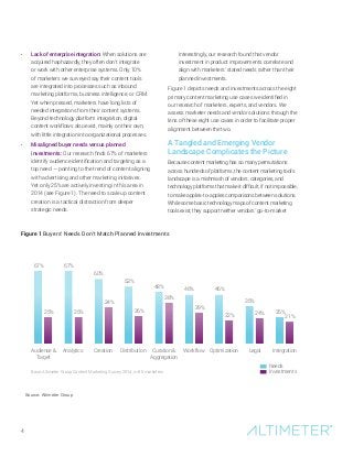 4
•	 Lack of enterprise integration: When solutions are
acquired haphazardly, they often don’t integrate
or work with other enterprise systems. Only 10%
of marketers we surveyed say their content tools
are integrated into processes such as inbound
marketing platforms, business intelligence, or CRM.
Yet when pressed, marketers have long lists of
needed integrations from their content systems.
Beyond technology platform integration, digital
content workflows also exist, mainly on their own,
with little integration into organizational processes.
•	 Misaligned buyer needs versus planned
investments: Our research finds 67% of marketers
identify audience identification and targeting as a
top need — pointing to the trend of content aligning
with advertising and other marketing initiatives.
Yet only 25% are actively investing in this area in
2014 (see Figure 1). The need to scale up content
creation is a tactical distraction from deeper
strategic needs.
Interestingly, our research found that vendor
investment in product improvements correlate and
align with marketers’ stated needs rather than their
planned investments.
Figure 1 depicts needs and investments across the eight
primary content marketing use cases we identified in
our research of marketers, experts, and vendors. We
assess marketer needs and vendor solutions through the
lens of these eight use cases in order to facilitate proper
alignment between the two.
A Tangled and Emerging Vendor
Landscape Complicates the Picture
Because content marketing has so many permutations
across hundreds of platforms, the content marketing tool’s
landscape is a mishmash of vendors, categories, and
technology platforms that make it difficult, if not impossible,
to make apples-to-apples comparisons between solutions.
While some basic technology maps of content marketing
tools exist, they support neither vendors’ go-to-market
67% 67%
60%
53%
48%
46% 46%
35%
25%
21%
34%
26%
38%
29%
22% 24%25% 25%
Audience &
Target
Curation &
Aggregation
Analytics Creation Distribution Workflow Optimization Legal Integration
Base: Altimeter Group Content Marketing Survey 2014, n=80 marketers
Needs
Investments
Figure 1 Buyers’ Needs Don’t Match Planned Investments
Source: Altimeter Group
 