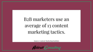 B2B marketers use an
average of 13 content
marketing tactics.
Source: Content Marketing Institute
 