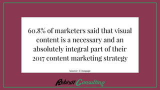 60.8% of marketers said that visual
content is a necessary and an
absolutely integral part of their
2017 content marketing strategy
Source: Venngage
 