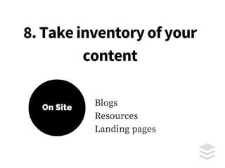 8. Take inventory of your
content
Off Site
Social media
Guest posting
Email
 