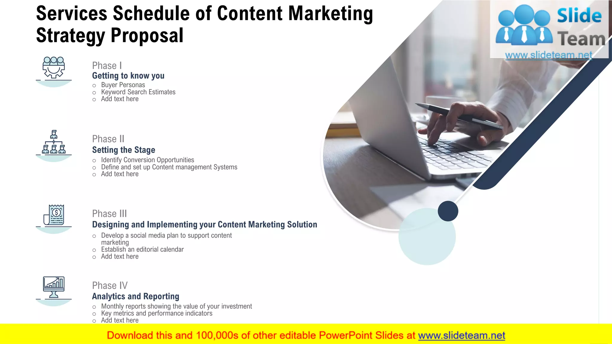 6
Services Schedule of Content Marketing
Strategy Proposal
o Buyer Personas
o Keyword Search Estimates
o Add text here
Getting to know you
Phase I
o Identify Conversion Opportunities
o Define and set up Content management Systems
o Add text here
Phase II
Setting the Stage
o Develop a social media plan to support content
marketing
o Establish an editorial calendar
o Add text here
Phase III
Designing and Implementing your Content Marketing Solution
o Monthly reports showing the value of your investment
o Key metrics and performance indicators
o Add text here
Phase IV
Analytics and Reporting
 