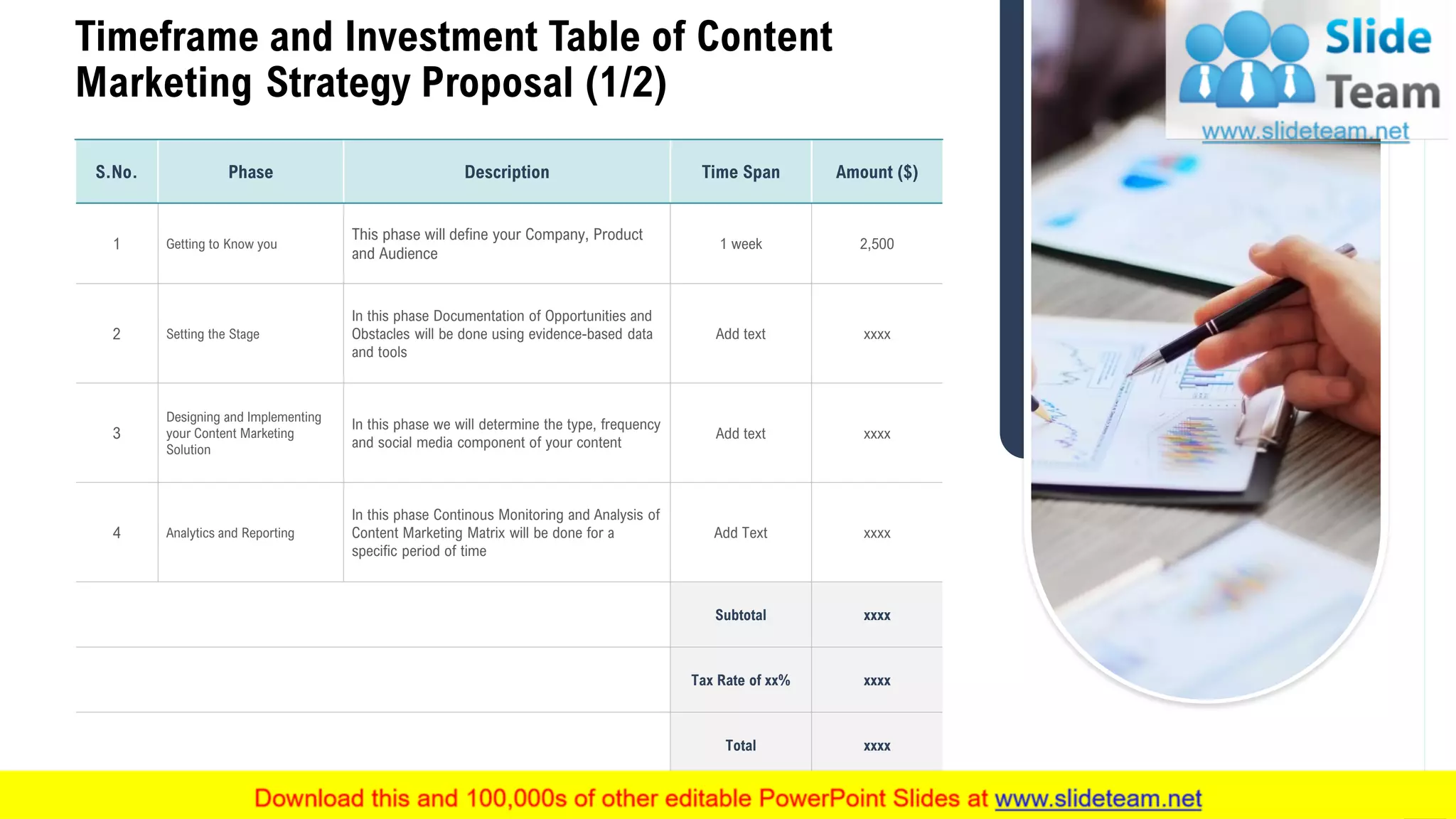 S.No. Phase Description Time Span Amount ($)
1 Getting to Know you
This phase will define your Company, Product
and Audience
1 week 2,500
2 Setting the Stage
In this phase Documentation of Opportunities and
Obstacles will be done using evidence-based data
and tools
Add text xxxx
3
Designing and Implementing
your Content Marketing
Solution
In this phase we will determine the type, frequency
and social media component of your content
Add text xxxx
4 Analytics and Reporting
In this phase Continous Monitoring and Analysis of
Content Marketing Matrix will be done for a
specific period of time
Add Text xxxx
Subtotal xxxx
Tax Rate of xx% xxxx
Total xxxx
Timeframe and Investment Table of Content
Marketing Strategy Proposal (1/2)
7
 