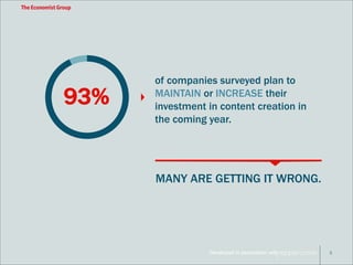 of companies surveyed plan to 
MAINTAIN or INCREASE their 
investment in content creation in 
the coming year. 
Developed in association with 
93% 
MANY ARE GETTING IT WRONG. 
3 
 