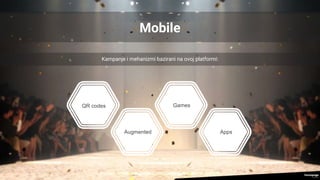 Mobile
Kampanje i mehanizmi bazirani na ovoj platformi:
QR codes
Augmented
Games
Apps
 