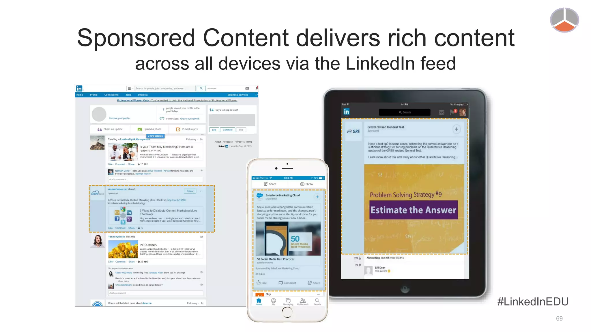 Sponsored Content delivers rich content
across all devices via the LinkedIn feed
#LinkedInEDU
69
 