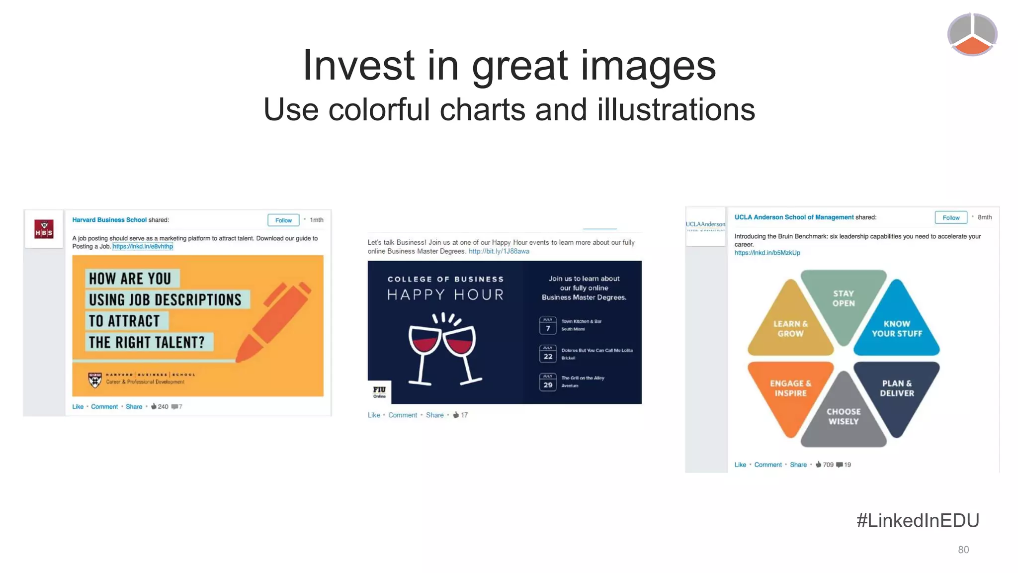 80
Invest in great images
Use colorful charts and illustrations
#LinkedInEDU
 