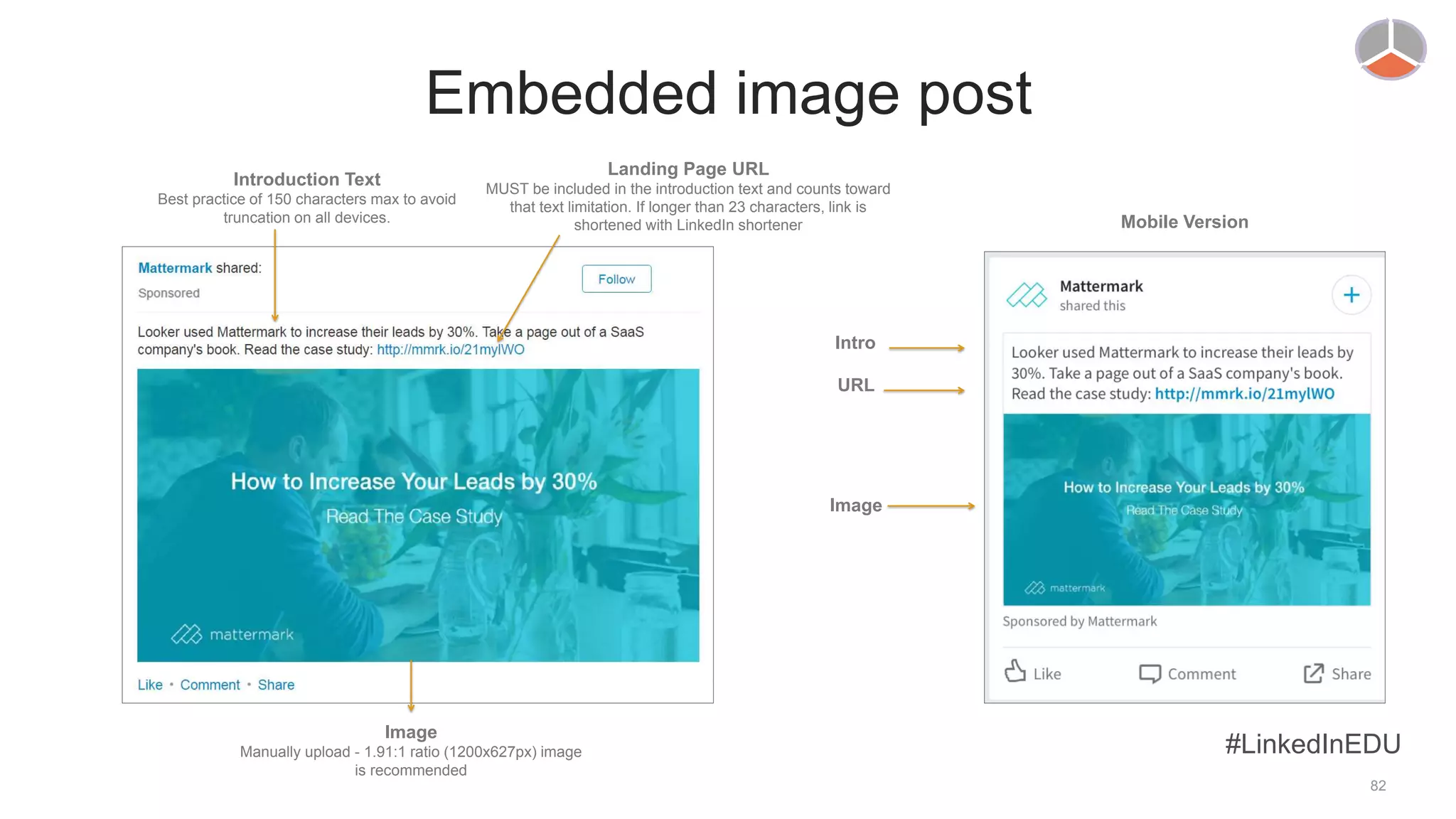 Embedded image post
Introduction Text
Best practice of 150 characters max to avoid
truncation on all devices.
Landing Page URL
MUST be included in the introduction text and counts toward
that text limitation. If longer than 23 characters, link is
shortened with LinkedIn shortener
Image
Manually upload - 1.91:1 ratio (1200x627px) image
is recommended
Mobile Version
Intro
Image
URL
#LinkedInEDU
82
 