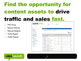 Find the opportunity for
content assets to drive
traffic and sales fast.
–   PPC Price
–   Search Volume
–   Manual Weights
–   Trend Report
–   Traffic Report
 