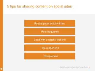 5 Steps to Boosting Your Talent Brand Through Content 15 
When, where and how often to post 
Platform Peak activity Sugges...