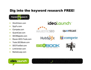 Dig into the keyword research FREE!


 WordVision.com
 SpyFu.com
 Compete.com
 QuantCast.com
 SEOMajestic.com
 Raven-SEO-Tools.com
 Tools.SEOBook.com
 SEOToolSet.com
 LinkVendor.com
 MarketLeap.com
 