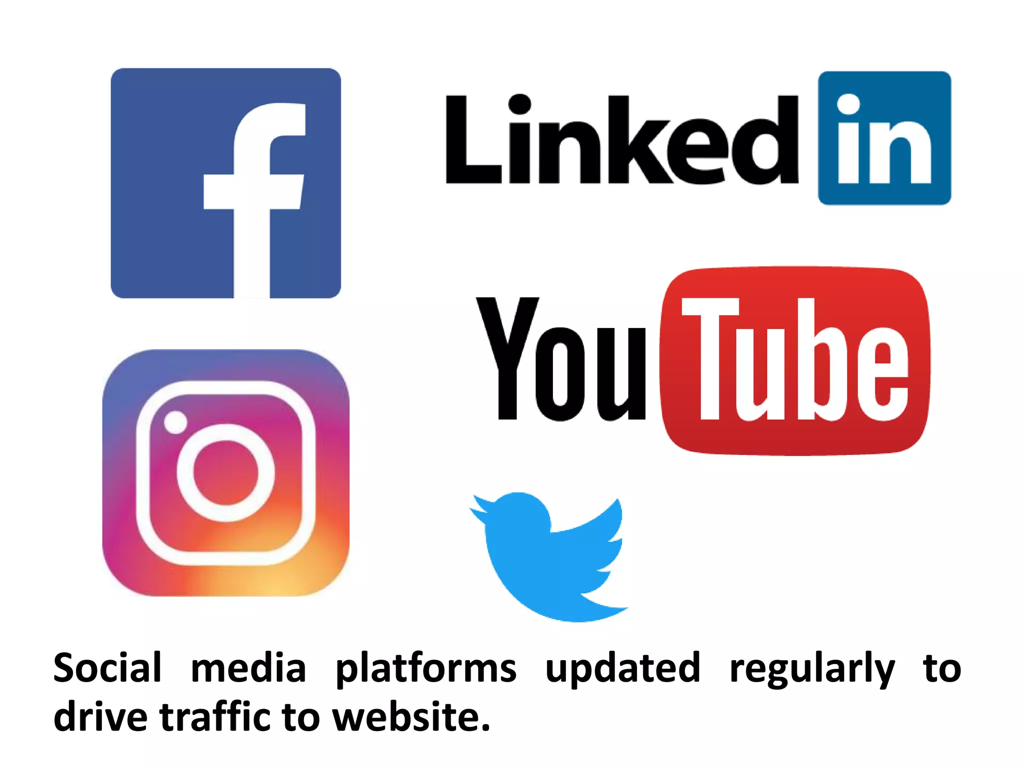 Social media platforms updated regularly to
drive traffic to website.
 