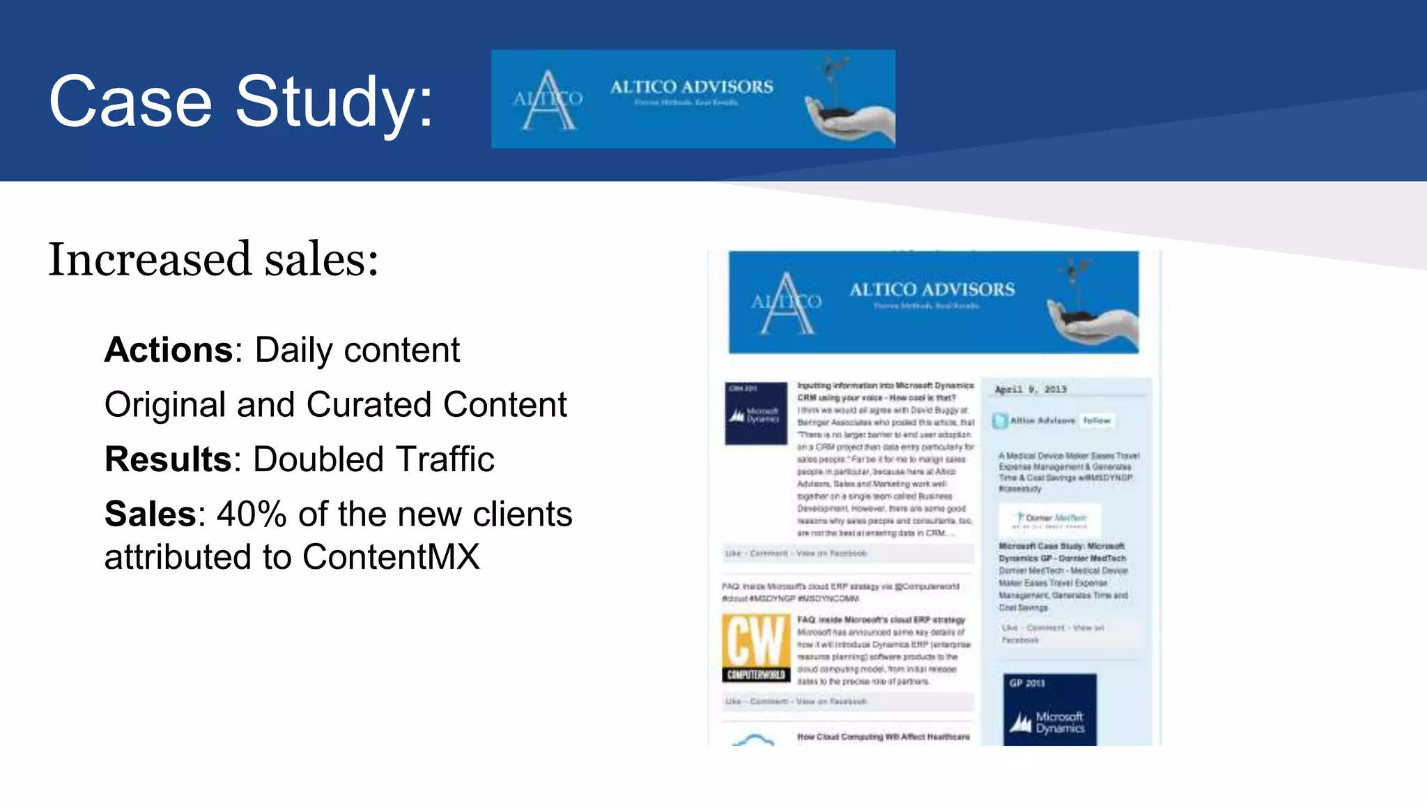 Case Study:
Actions: Daily content
Original and Curated Content
Results: Doubled Traffic
Sales: 40% of the new clients
attributed to ContentMX
Increased sales:
 
